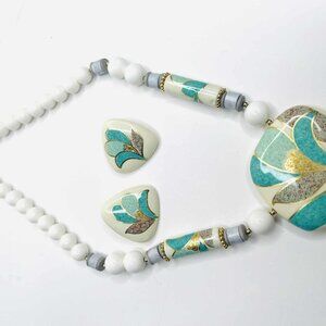Japanese Pastel Enamel Necklace & Earrings Set Made in Japan NWT